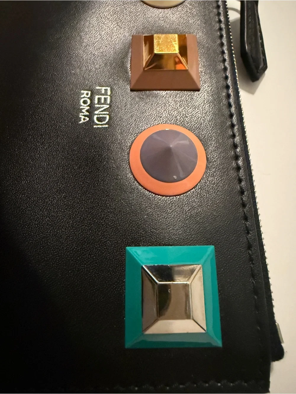 Fendi Rainbow Studs Vitello Leather Coin Card Pouch Keychain